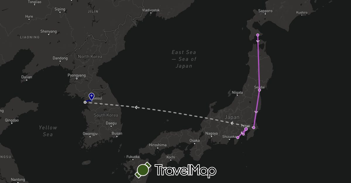 TravelMap itinerary: driving, plane, train in Japan, South Korea (Asia)