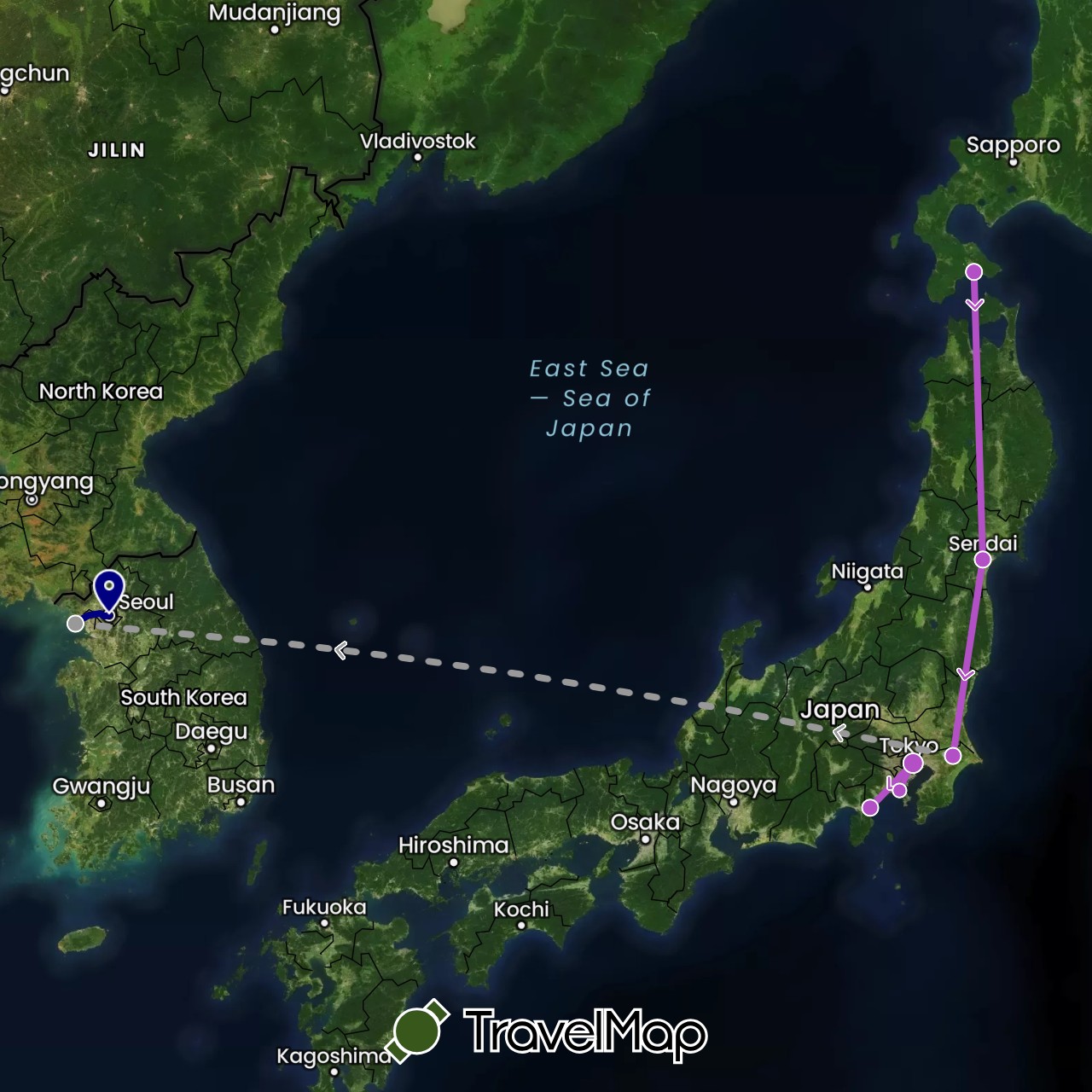 TravelMap itinerary: driving, plane, train in Japan, South Korea (Asia)