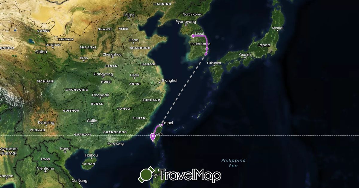 TravelMap itinerary: driving, plane, train in South Korea, Taiwan (Asia)
