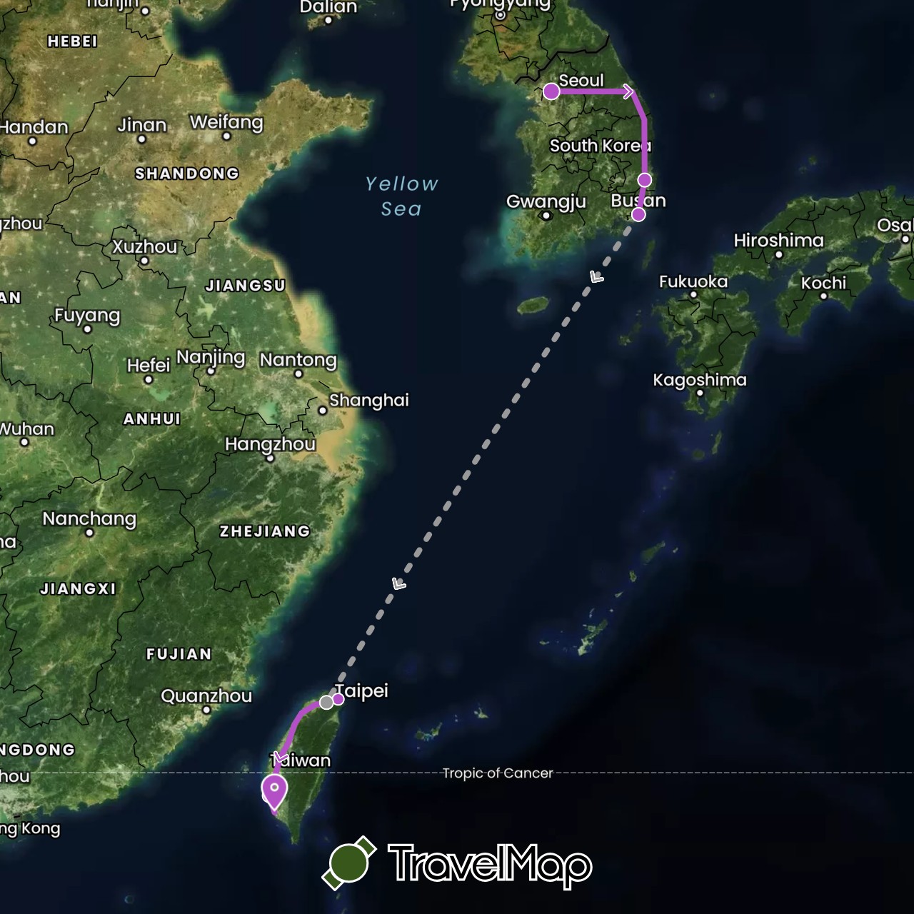 TravelMap itinerary: driving, plane, train in South Korea, Taiwan (Asia)