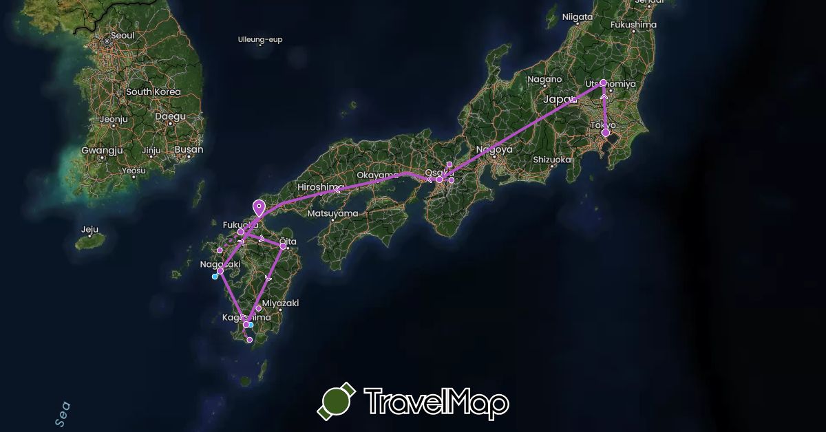TravelMap itinerary: driving, train, boat in Japan (Asia)