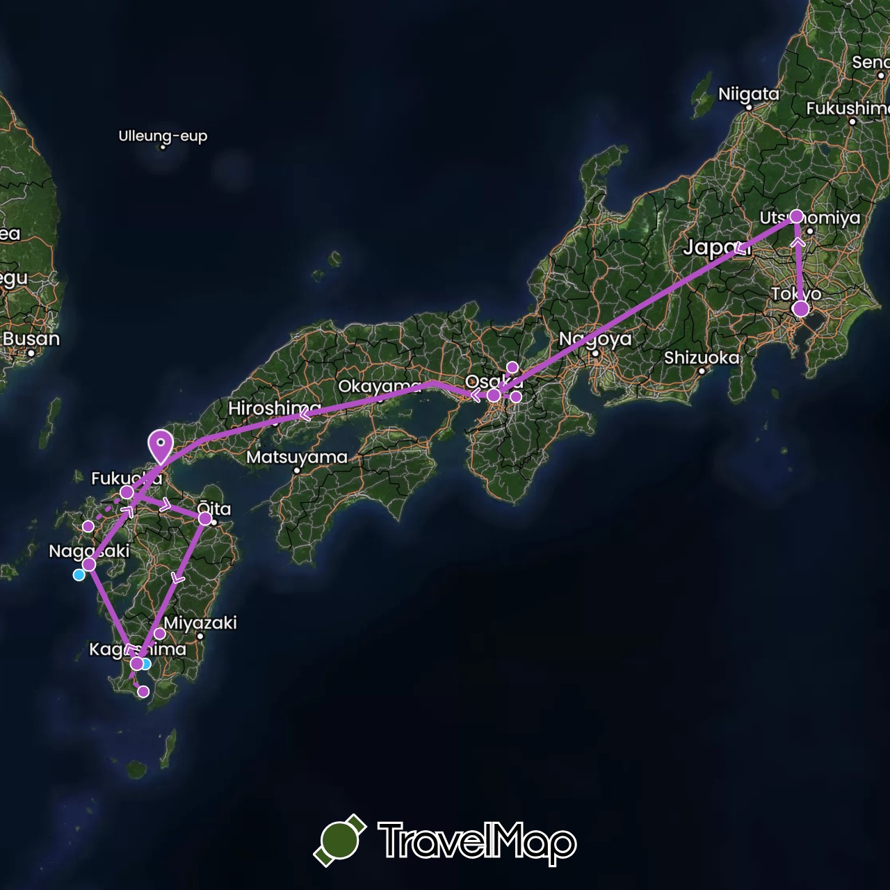 TravelMap itinerary: driving, train, boat in Japan (Asia)
