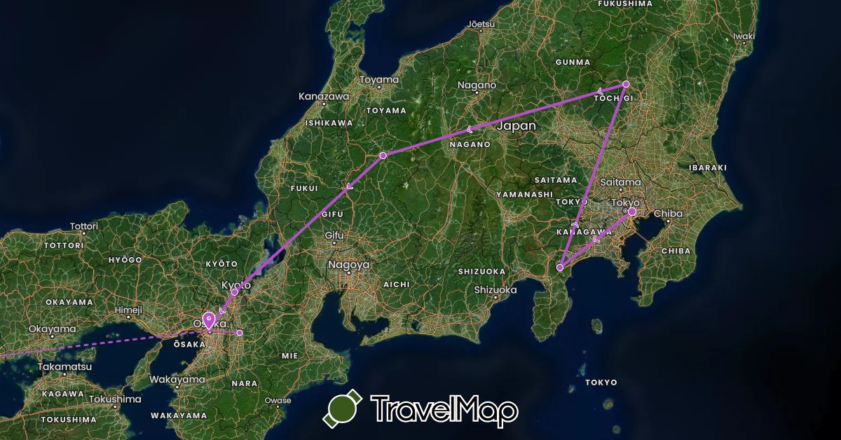TravelMap itinerary: driving, train in Japan (Asia)