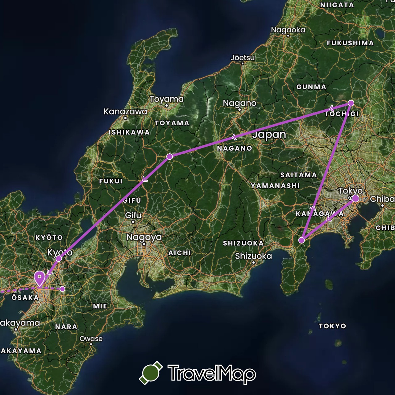 TravelMap itinerary: driving, train in Japan (Asia)